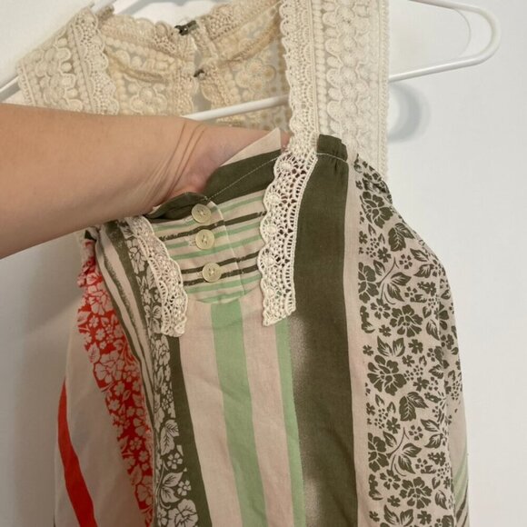 CABI 266 Whisper Gauze Tank Cream Beige Green Floral Striped Crochet Boho Blouse - Picture 8 of 16